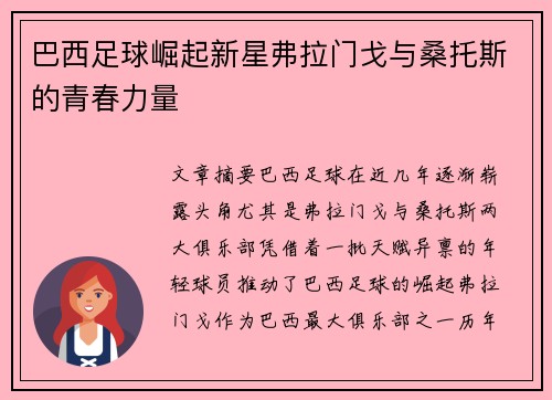 巴西足球崛起新星弗拉门戈与桑托斯的青春力量