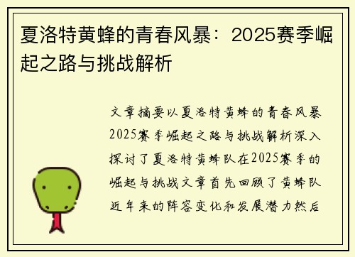 夏洛特黄蜂的青春风暴：2025赛季崛起之路与挑战解析