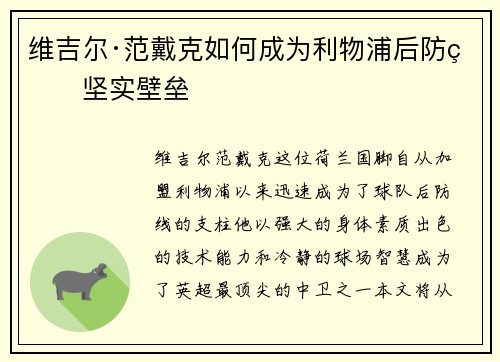 维吉尔·范戴克如何成为利物浦后防的坚实壁垒
