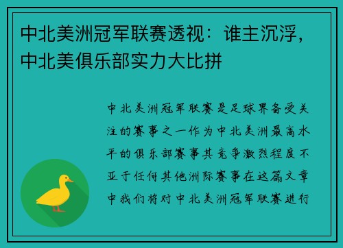 中北美洲冠军联赛透视：谁主沉浮，中北美俱乐部实力大比拼