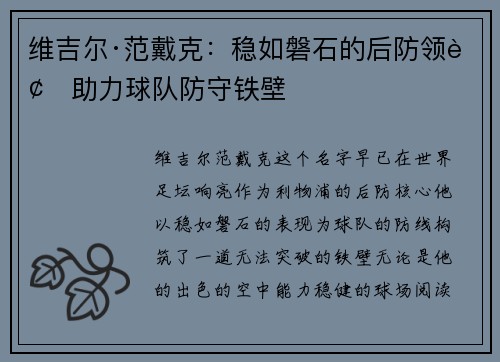 维吉尔·范戴克：稳如磐石的后防领袖助力球队防守铁壁