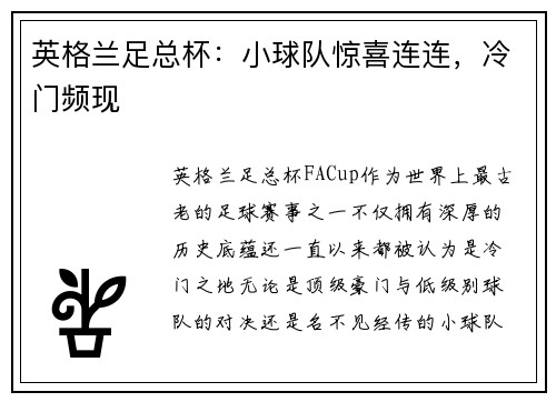 英格兰足总杯：小球队惊喜连连，冷门频现
